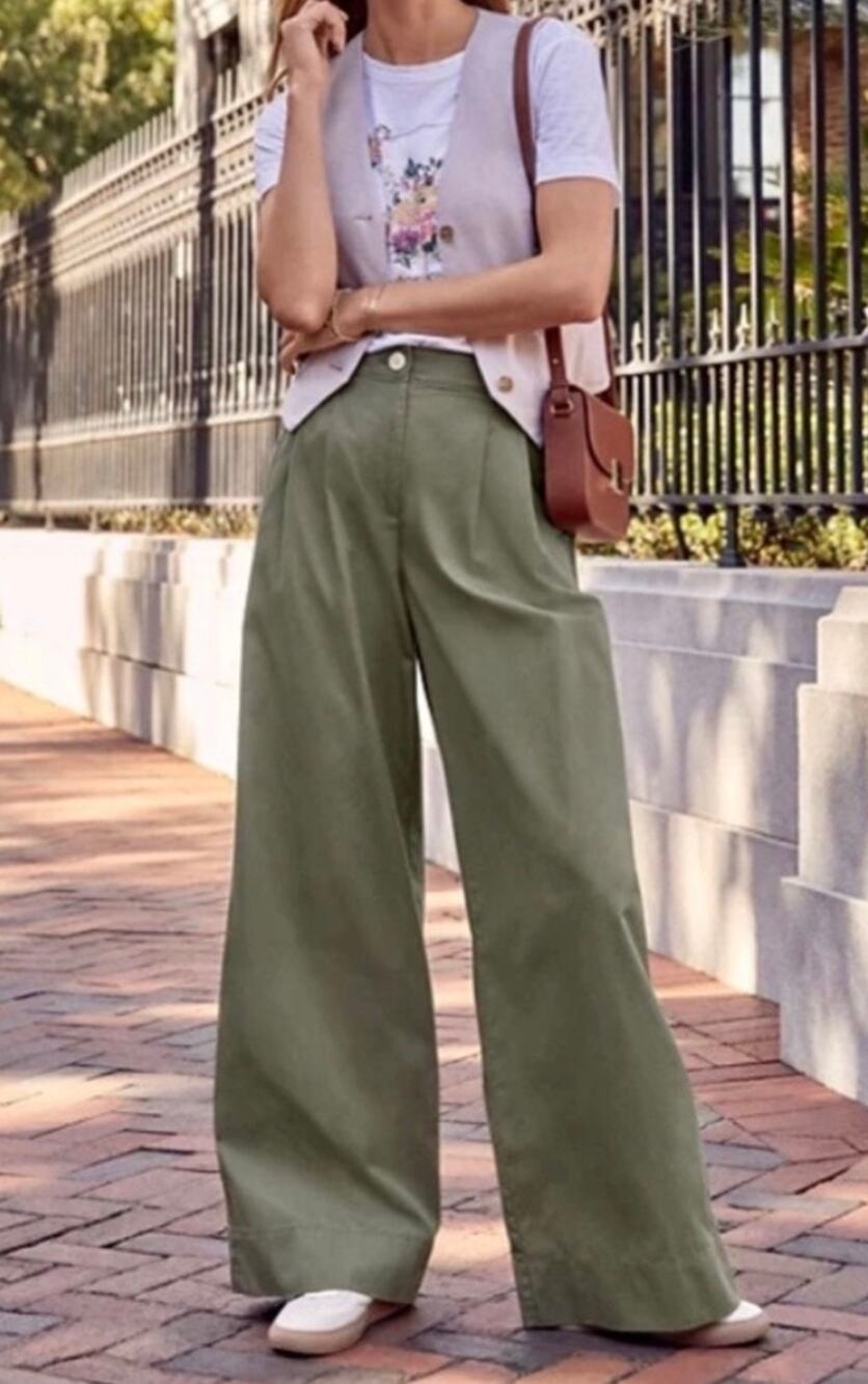 NWT Loft wide leg Poplin Pants Army Green size 4 MSRP $99.95